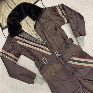 Vintage Walls Ski Suit / 70s Snowmobile Suit Faux Fur Collar Brown XS